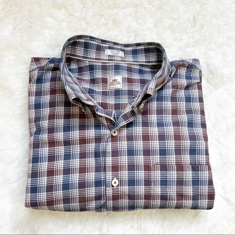 PETER MILLAR Men’s Blue Plaid Dress Shirt Size XL 100% Cotton DRY CLEANED - Picture 8 of 8